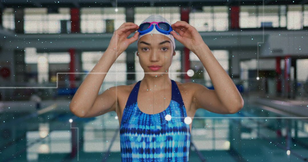 Focused Female Swimmer Preparing at Indoor Pool with Digital Overlay