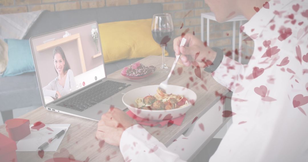 Virtual Dinner Date with Spaghetti Meal and Heart Decorations