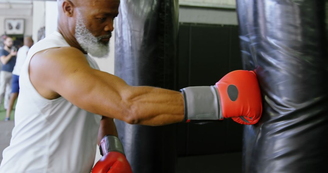 Senior man training with punching bag in gym, developing strength - Free Images, Stock Photos and Pictures on Pikwizard.com