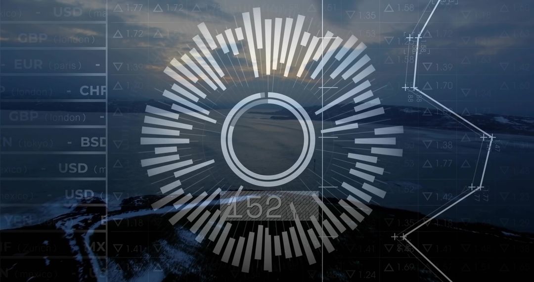 Futuristic HUD Interface Over Mountainous Coastal Landscape