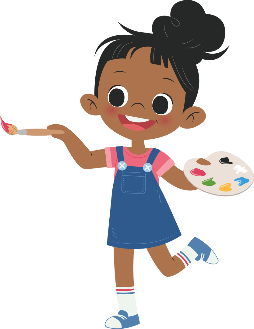 Cheerful Girl Painting with Palette on Transparent Background