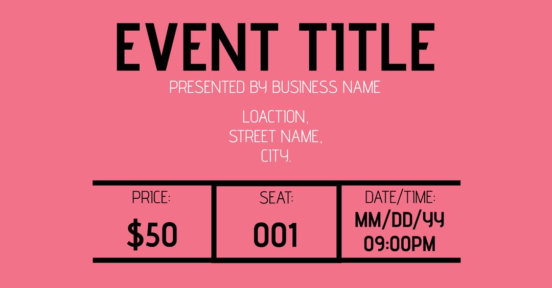 Pink Event Ticket Template with Clear Bold Layout - Download Free Stock Templates Pikwizard.com