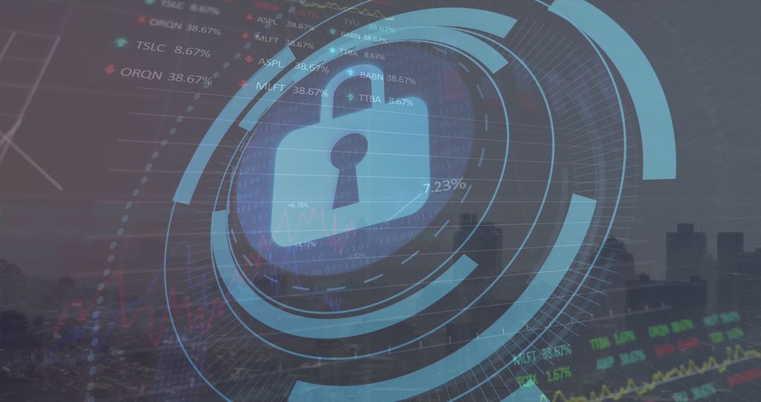 Cybersecurity Technology Over Cityscape and Stock Trading Display