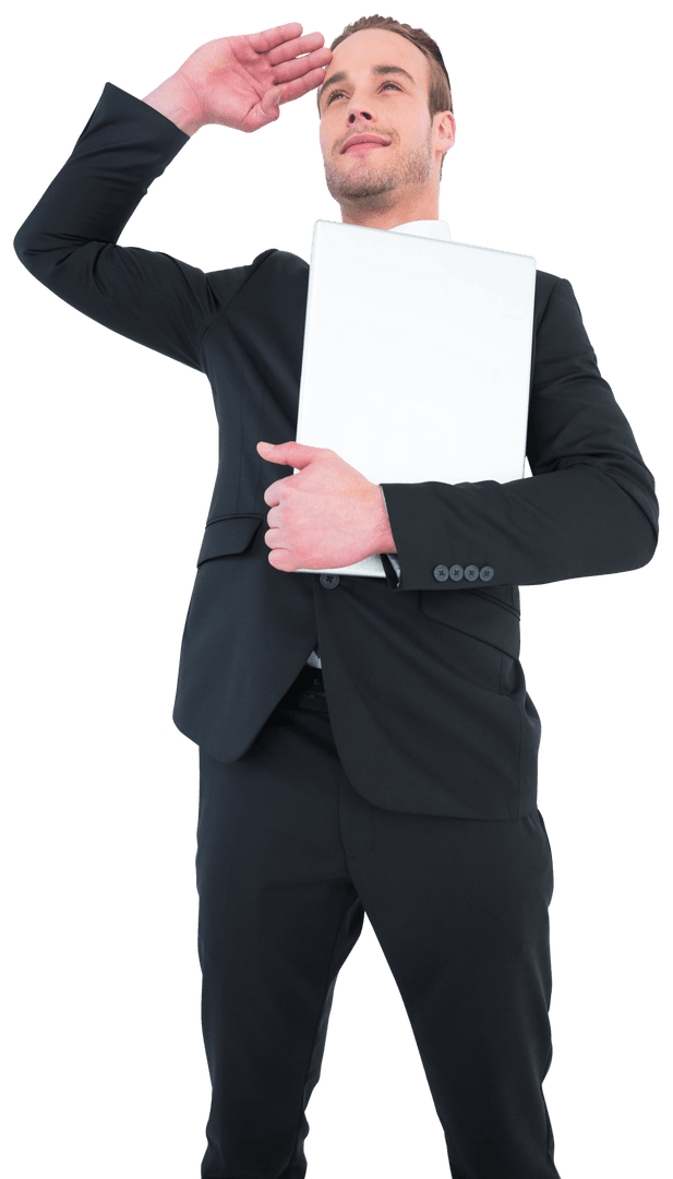 Smiling Businessman Holding Laptop with Transparent Background