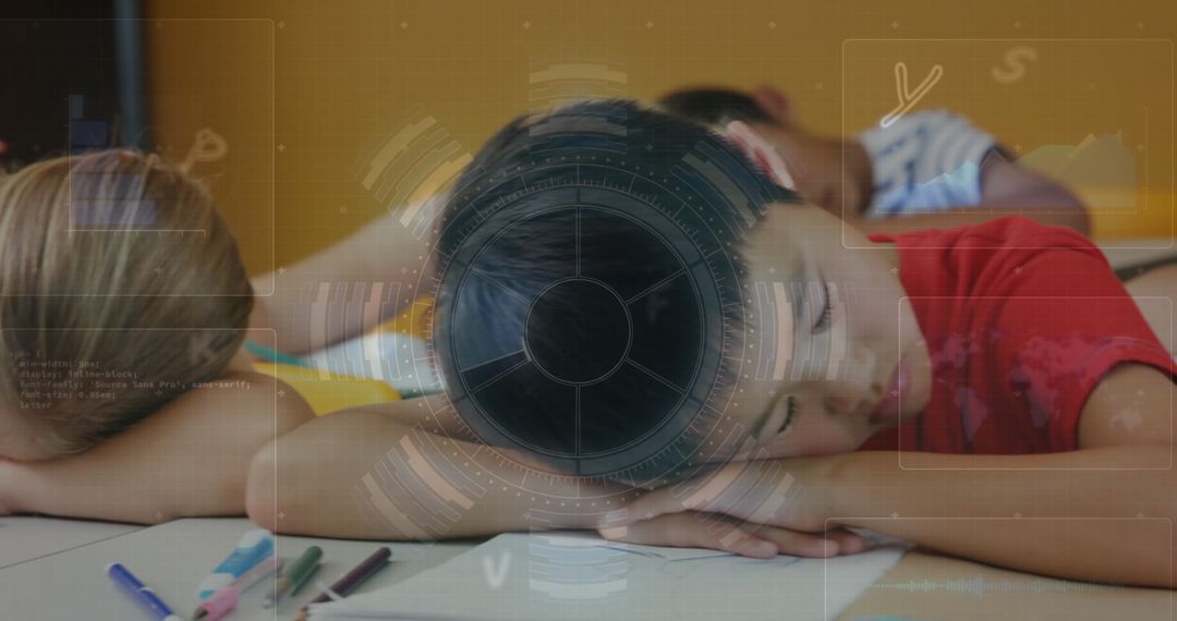 Kids in Classroom Sleeping Amidst Digital Overlay Concepts