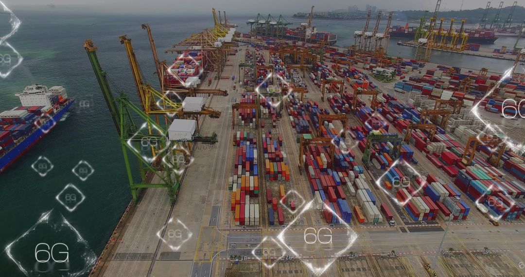 Aerial Port View with Shipping Containers and 6G Digital Integration