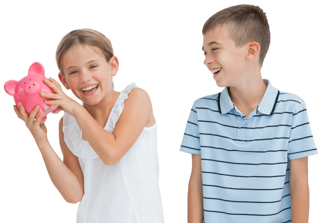 Children Joyfully Interacting with Piggy Bank, Girl Laughing Face