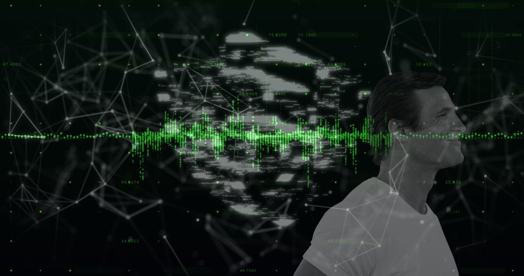 Futuristic Data Visualization with Contemplative Caucasian Man