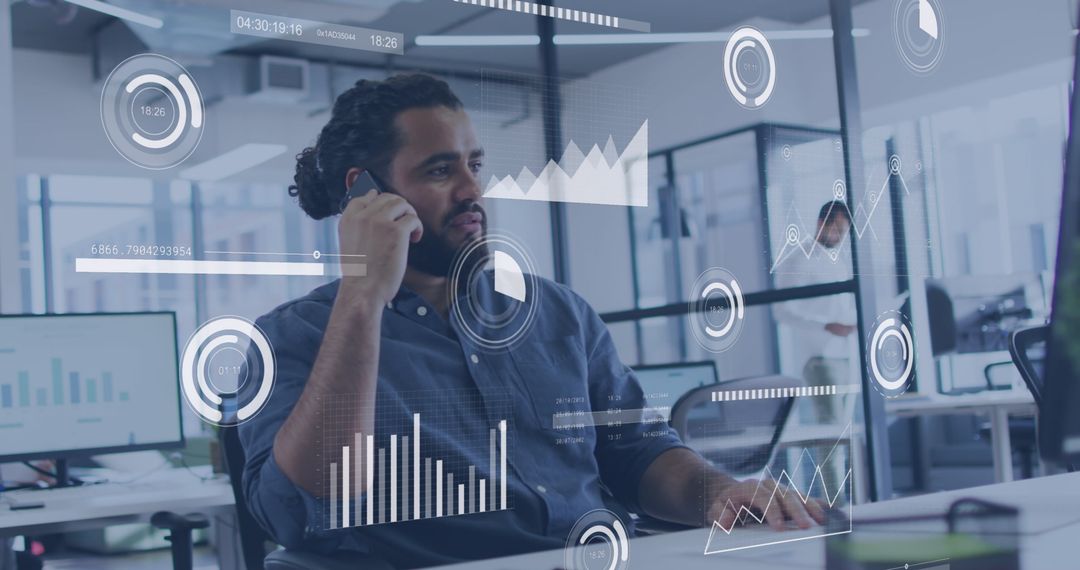 Biracial Businessman Analyzing Data with Smartphone in Modern Office