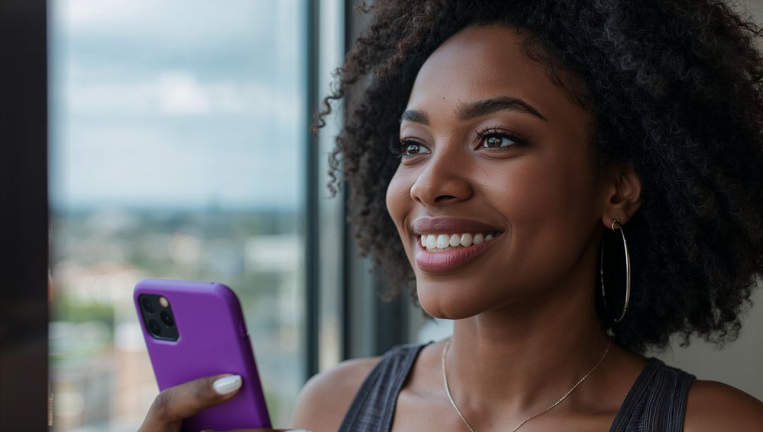 Smiling Woman Enjoying Call Holding Smartphone by Loft Window