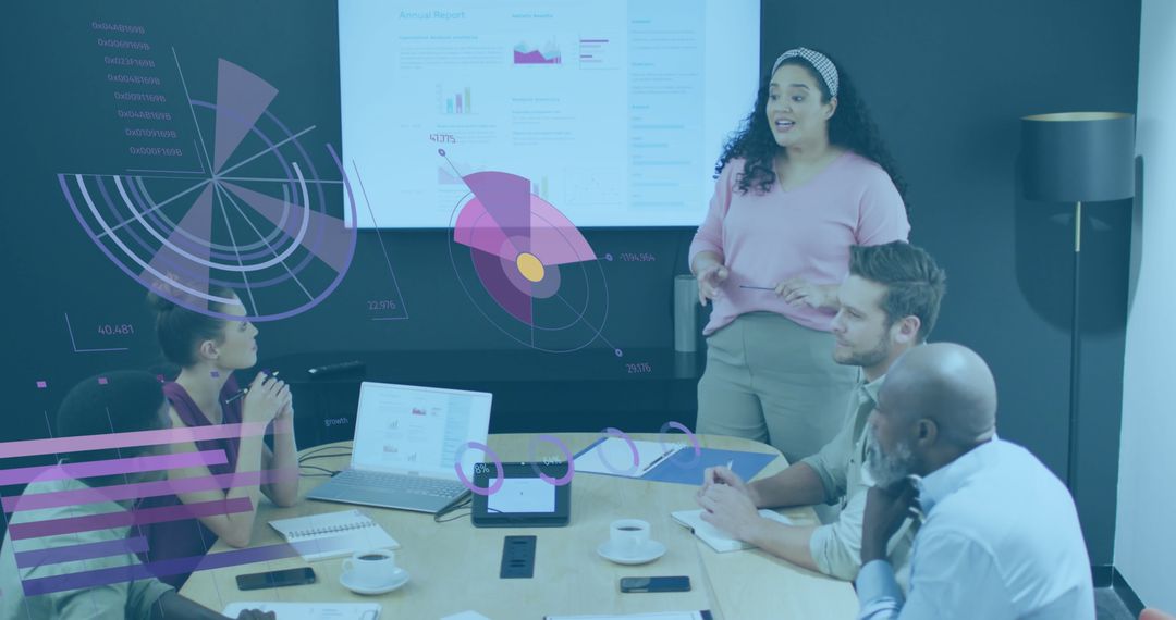 Business Team Engaged in Interactive Presentation with Graphical Overlays