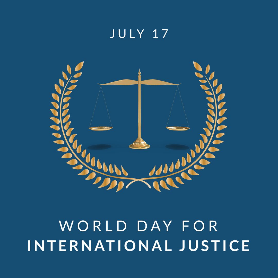 International Justice Day Illustration with Scales on Blue Background