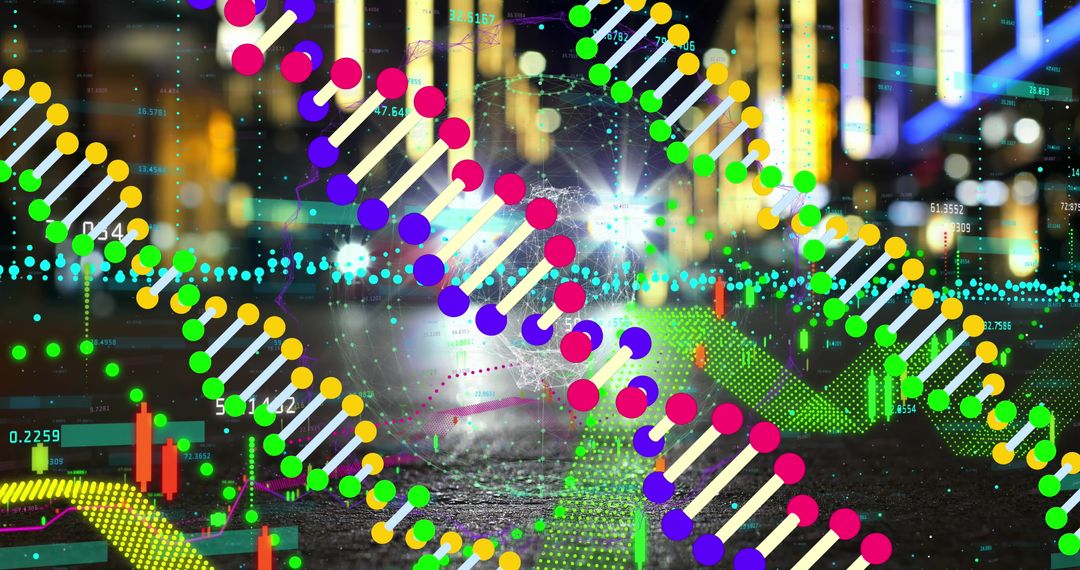 Digital Interface Illuminating DNA Strands in Modern Cityscape
