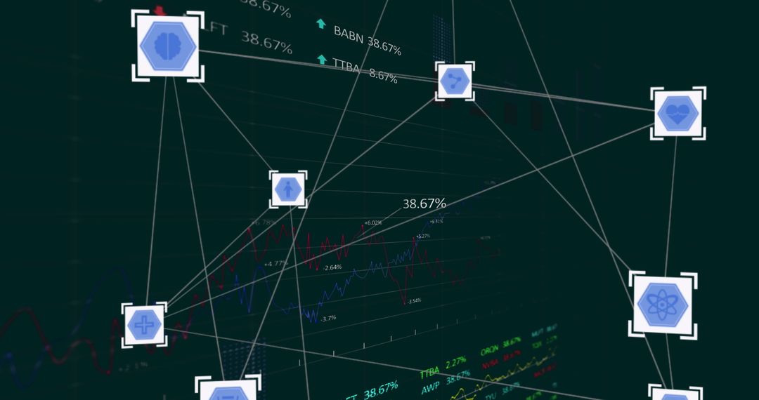 Digital Network Interface with Hexagonal Icons and Data Visualizations