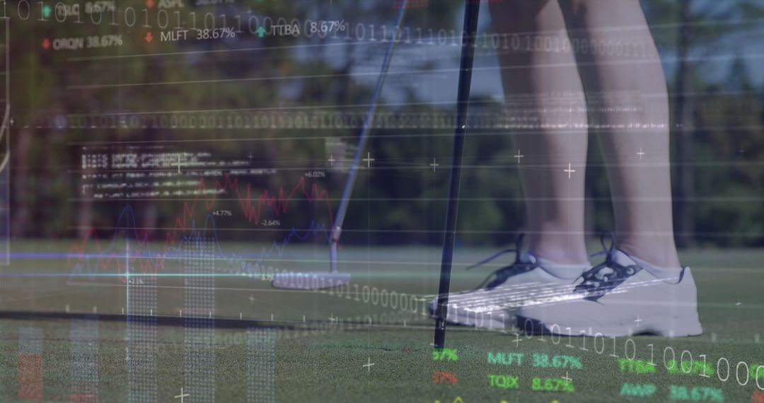 Golf Player Analyzing Digital Sports Data Overlay