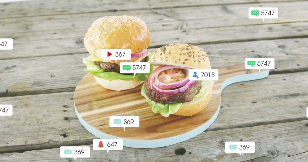 Gourmet Burgers with Social Media Icons in Rustic Setting