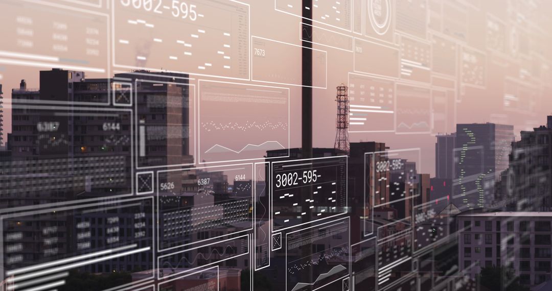 Modern City Overlaid with Futuristic Data Interfaces