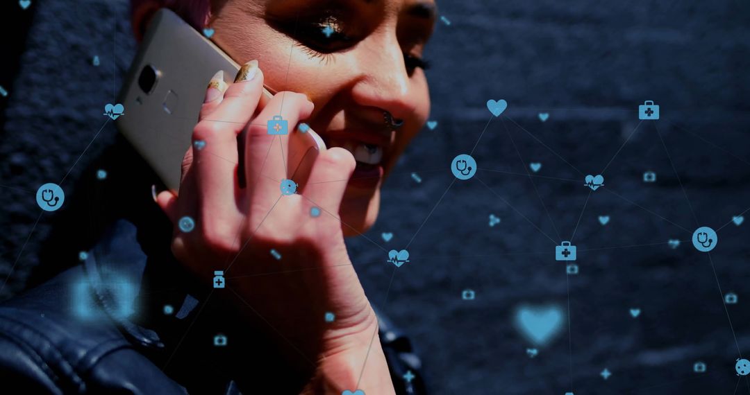 Smiling Woman Communicating with Digital Healthcare Connectivity