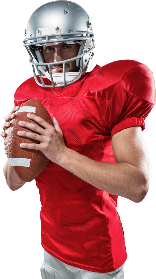 Transparent Confident Football Player in Red Jersey Holding Ball