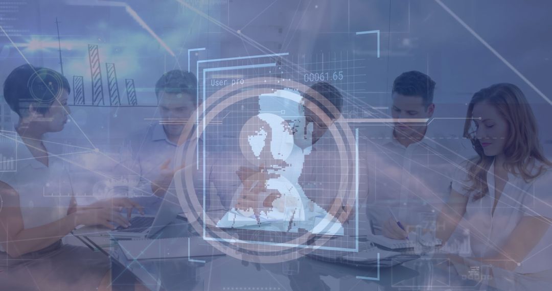 Innovation Meeting with Digital Holographic Interface in a Modern Office Space