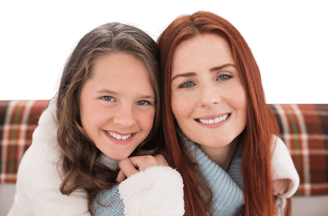Caucasian Mother and Daughter Smiling Embrace on Transparent Background