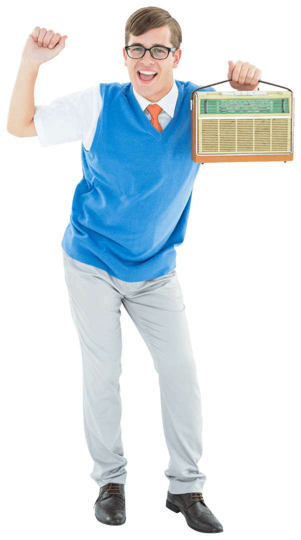 Transparent Hipster with Vintage Radio Celebrating