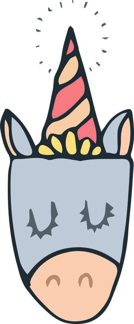 Cute Grey Unicorn Face with Spiral Horn on Transparent Background