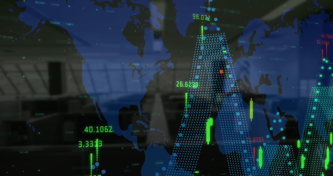 Global Finance Abstract with Digital World Map Overlay