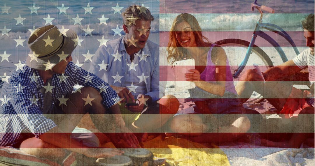 Friends Enjoying Day at Beach with American Flag Overlay