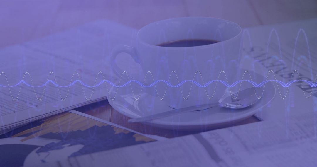 Coffee Cup on Newspaper with Digital Waveform Overlay
