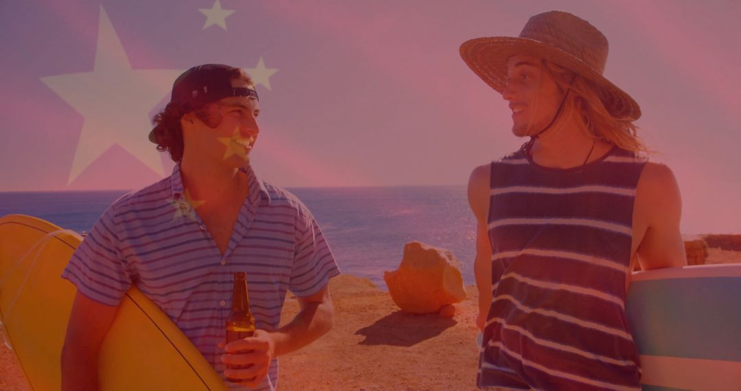 Surfers Enjoying Sunny Day on Rocky Coastline with Surfboards and Drinks