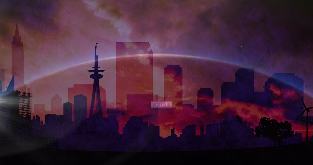 Digital Media Icons Falling Over Futuristic Cityscape