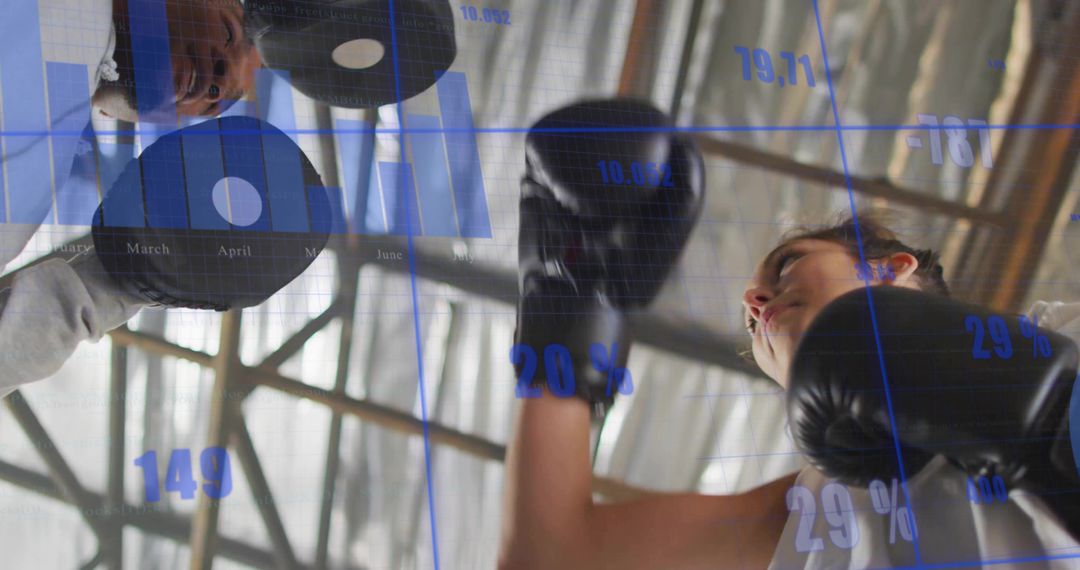 Female Boxer Practicing in Gym with Data Infographic Overlay