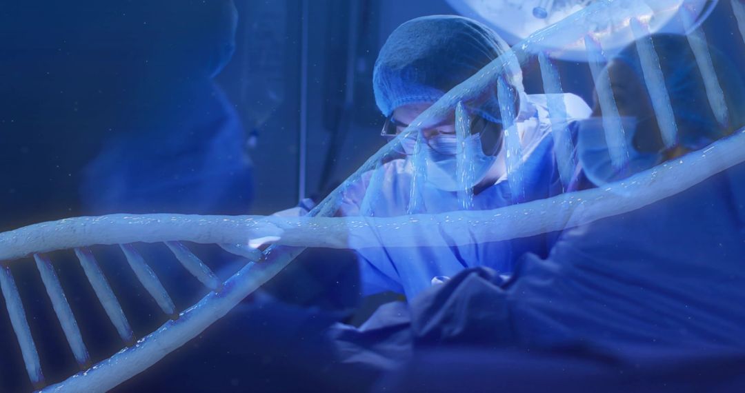 Surgeon performing precision surgery with DNA helix overlay representing genomic medicine
