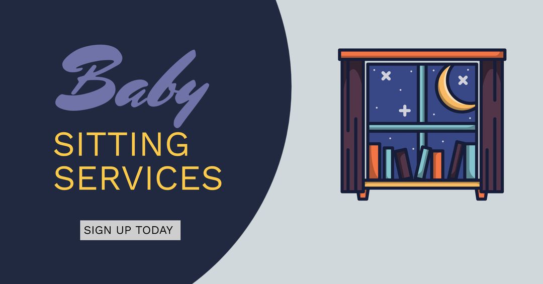 Cozy Babby Sitting Services Advert with Bookshelf and Night Theme