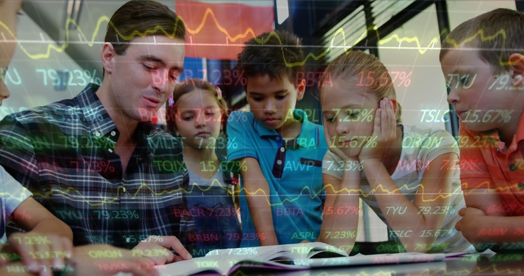 Teacher with children learning against stock market chart overlay - Free Images, Stock Photos and Pictures on Pikwizard.com