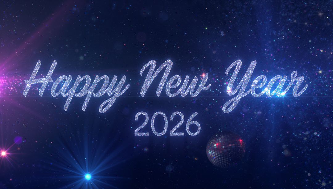 Glittering Happy New Year 2026 Cursive Script on Starry Navy Sky With Disco Ball and Lens Flares