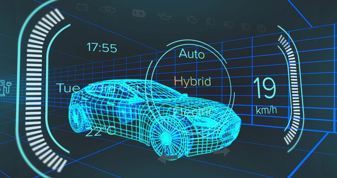 Futuristic Blue 3D Wireframe Car in Digital Interface