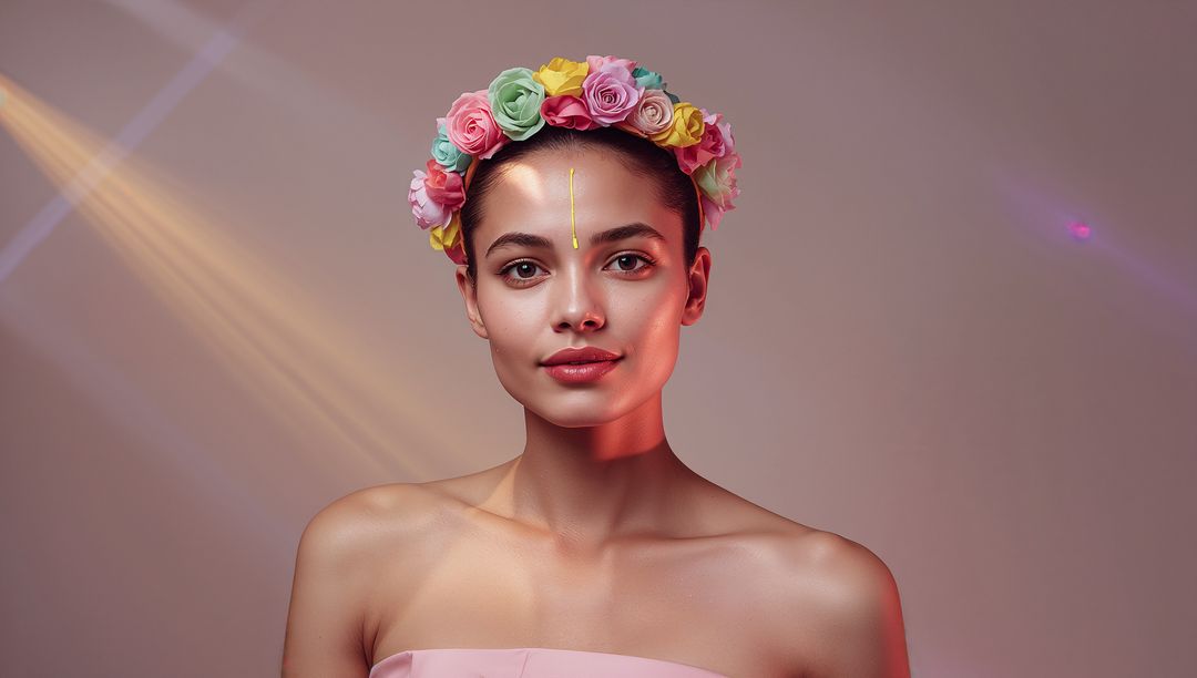 Artistic Portrait of Elegant Model Wearing Floral Headband in Studio Light