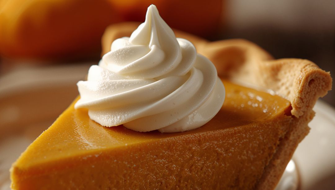 Pumpkin Pie Slice with Whipped Cream Topping Close-Up