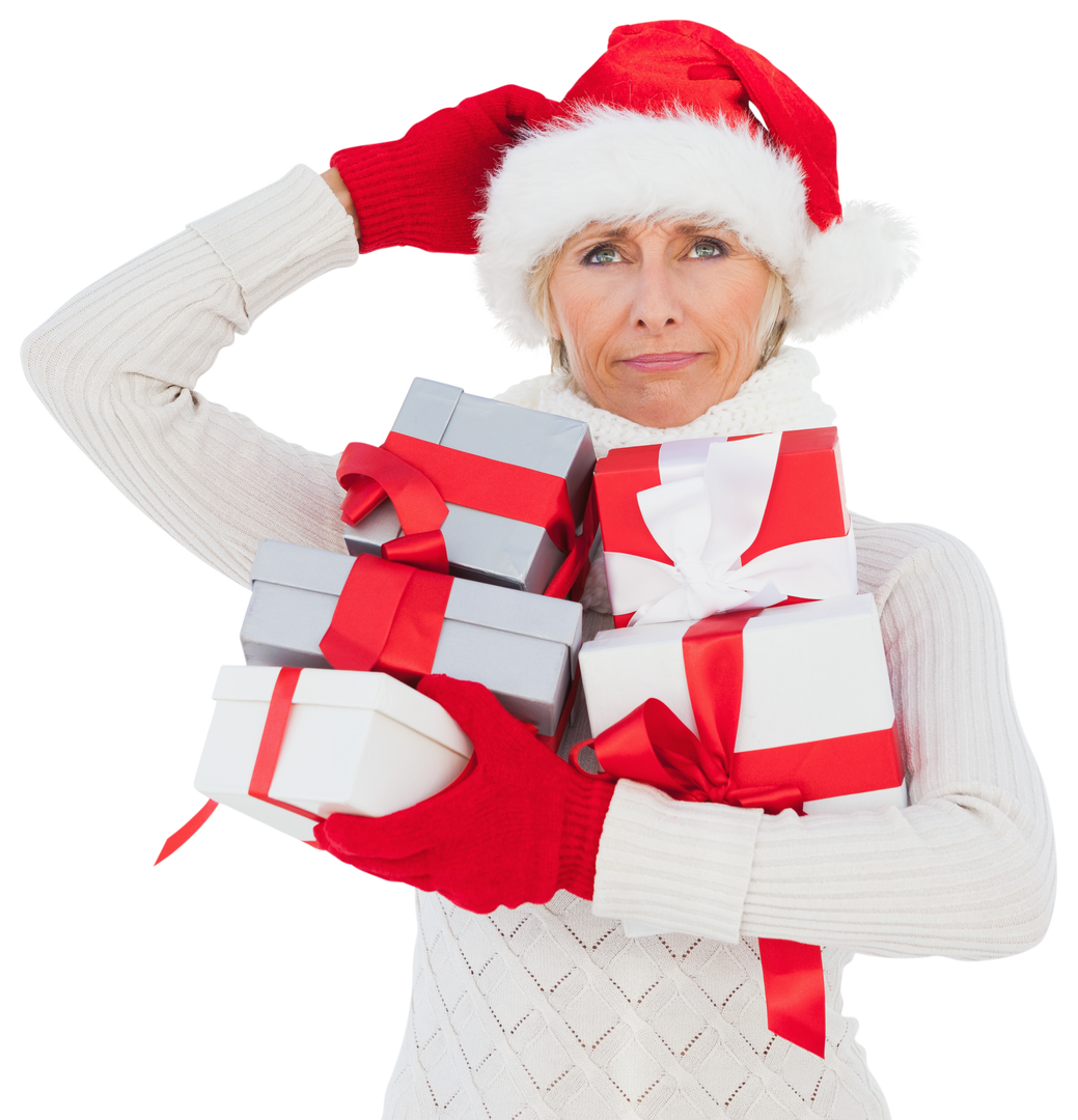 Thoughtful Caucasian Woman in Santa Hat Holding Gift Boxes on Transparent Background - Download Free Stock Images Pikwizard.com