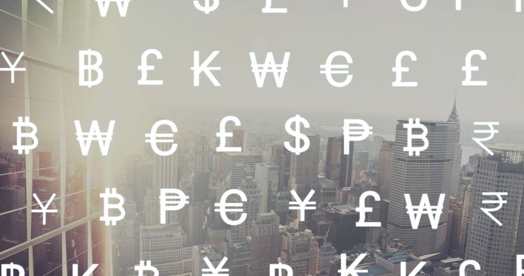 Currency Symbols Overlay View of Global Financial District