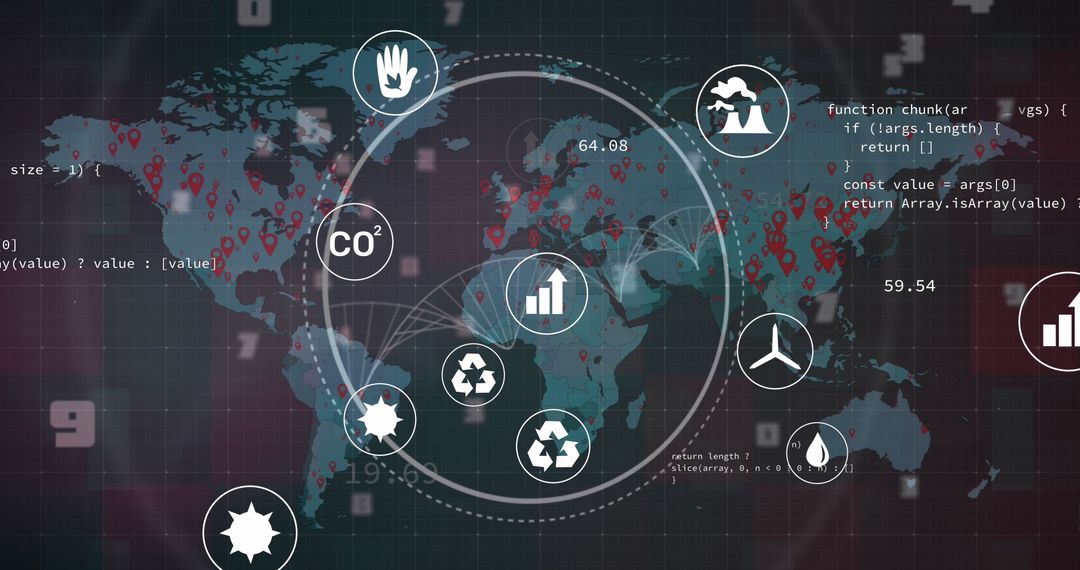 Global Data Network with Eco and Technology Icons on World Map