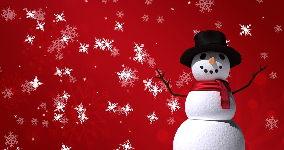 Festive Snowman with Falling Snowflakes on Merry Red Background