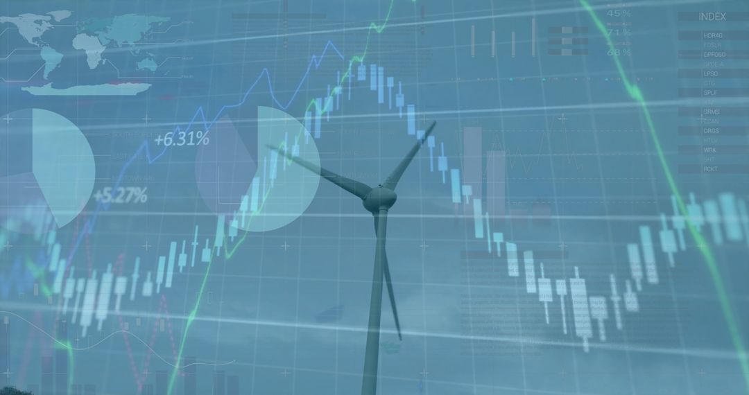 Wind Turbine with Financial Chart Overlay Symbolizing Sustainability