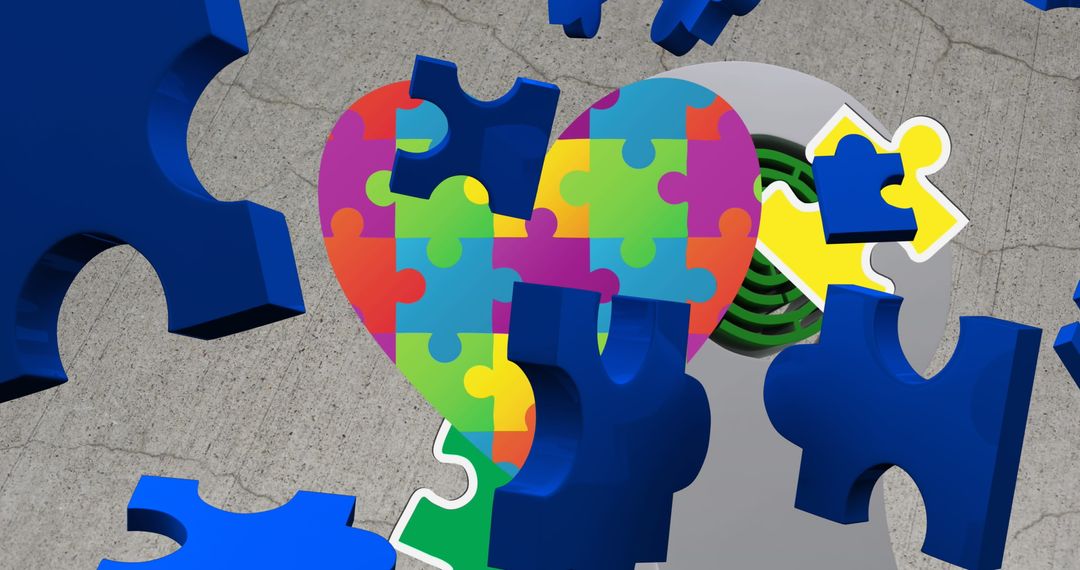 Multicolored Puzzle Heart Amidst Blue Fragments Symbolizing Unity
