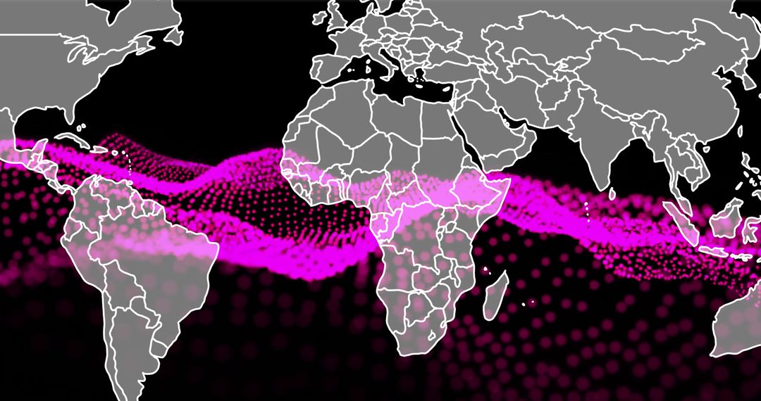 Futuristic World Map with Magenta Data Visualization Wave