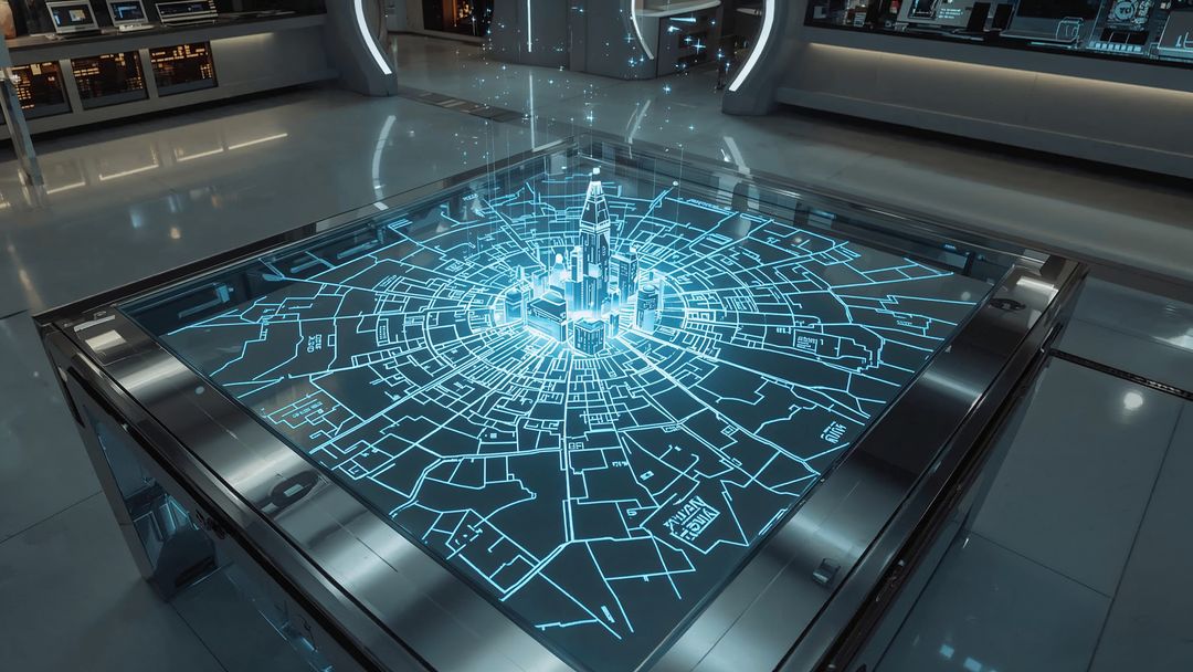 Futuristic Holographic City Map at Command Center