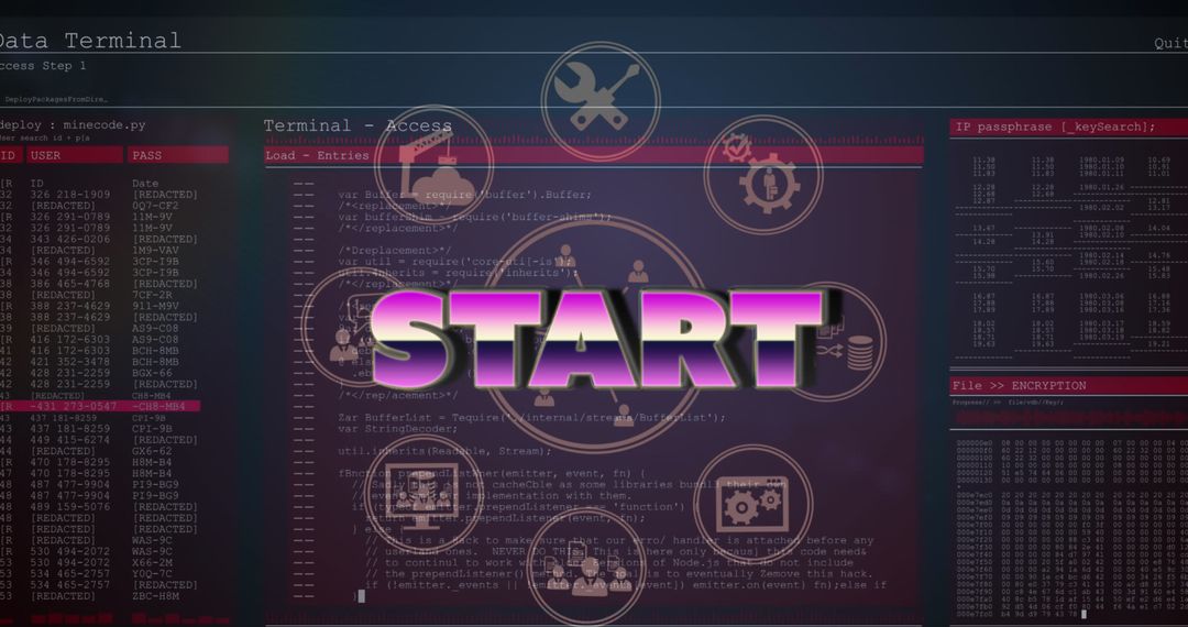 Cybersecurity Interface with START Text Overlay