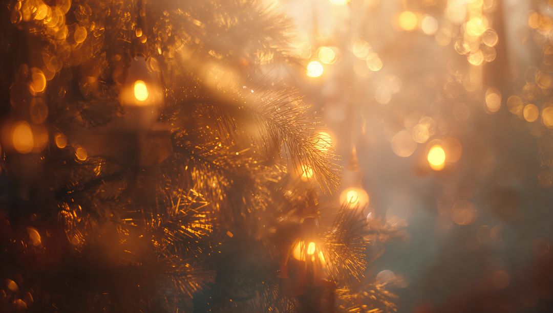 Festive Pine Tree with Glowing String Lights and Bokeh